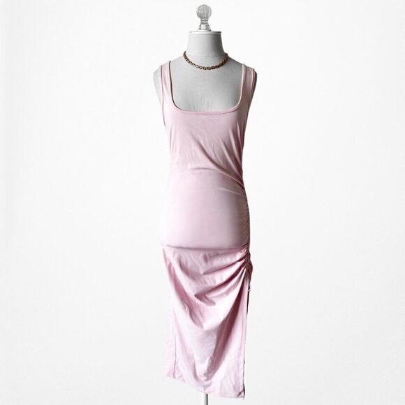 Pastel Pink Knit Pleated Bodycon Midi Side Slit Cocktail Casual Dress Size S/M - Picture 4 of 6